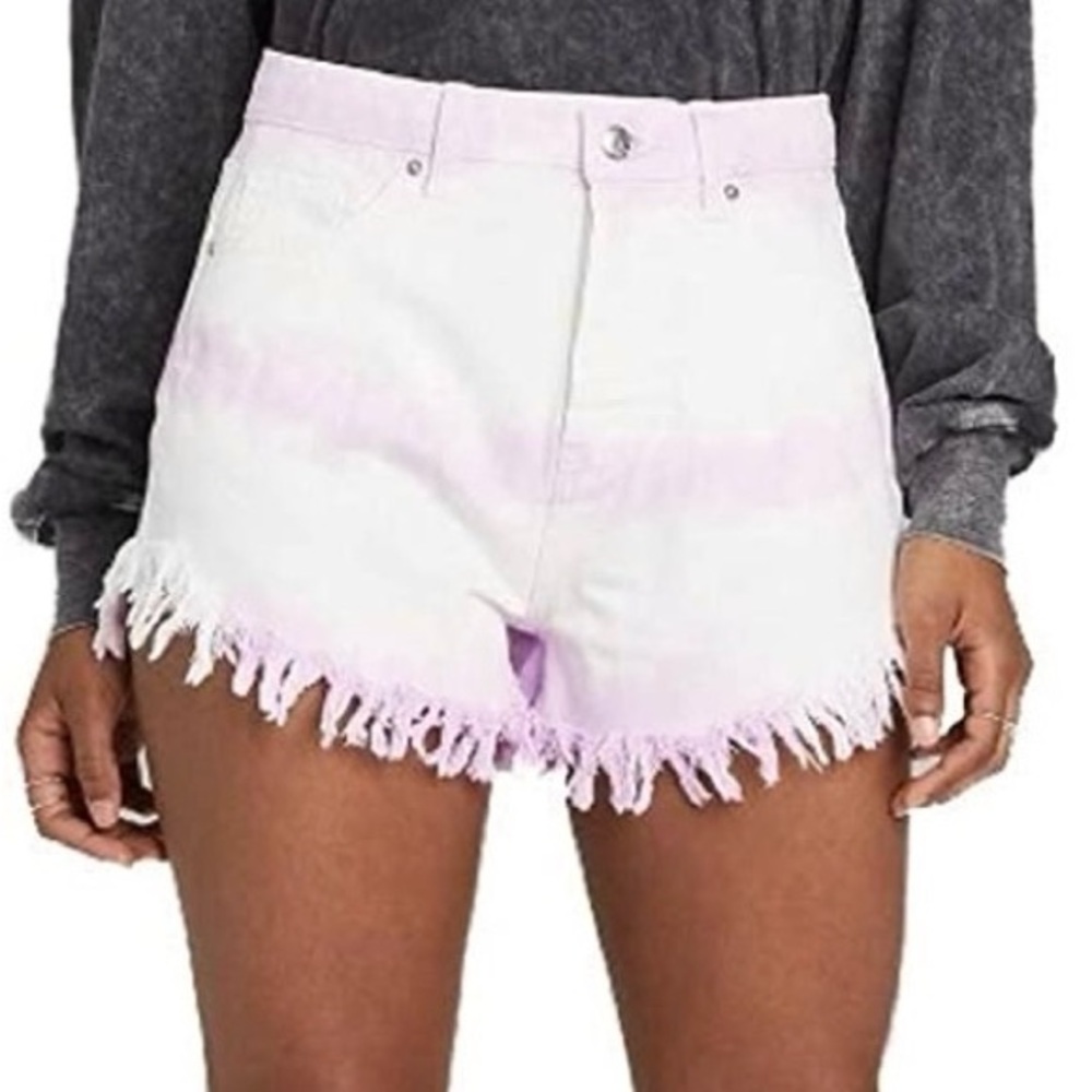 Lavender and Off-White Tie-Dye Fringe Jean Shorts